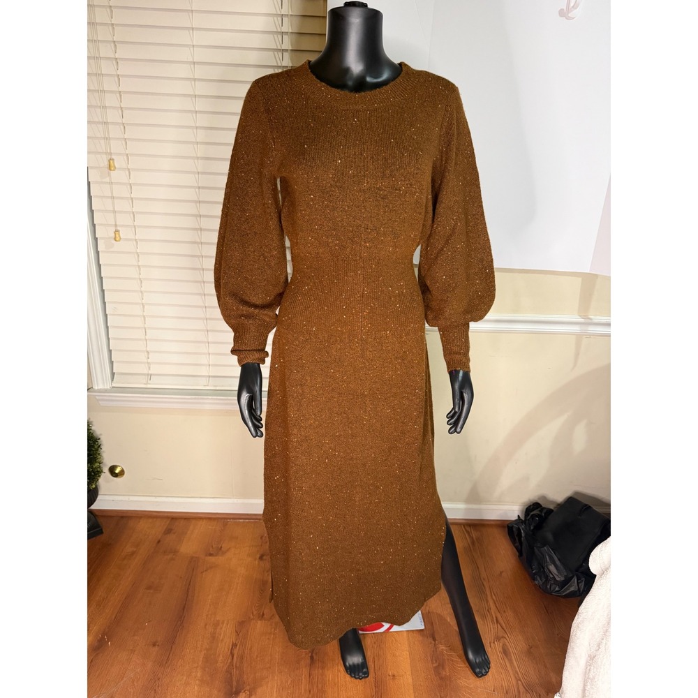 Me by Jennie Garth Brown Marled Knit Balloon Sleeve Midi Sweater Dress XXSP